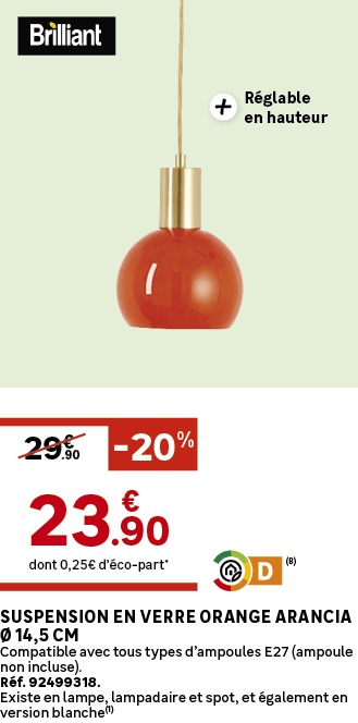 R glable en hauteur,dont 0,25€ d’ co part*,Suspension en verre orange Arancia  14,5 cm Compatible avec tous types d’...