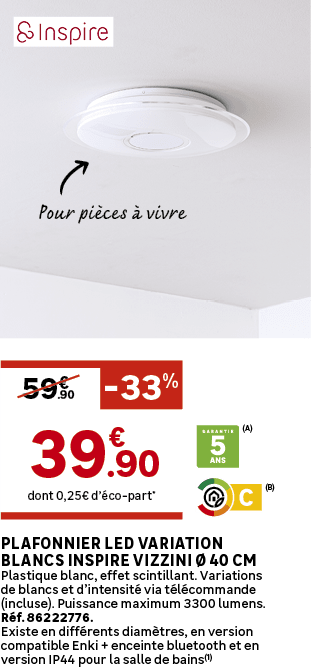 Pour pi ces  vivre,dont 0,25€ d’ co part*,.90,59€, 33%,Plafonnier LED variation blancs INSPIRE Vizzini   40 cm Plast...