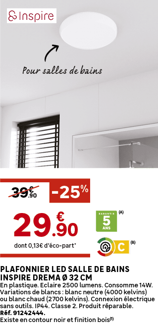 Pour salles de bains,dont 0,13€ d’ co part*,.90,39€, 25%,Plafonnier LED salle de bains INSPIRE Drema  32 cm En plast...