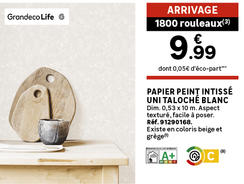 dont 0,05€ d’ co part***,1800 rouleaux(3),Arrivage,Papier peint intiss Uni taloch  blanc Dim. 0,53 x 10 m. Aspect te...