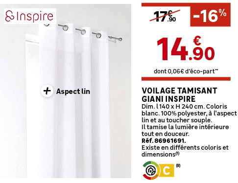 dont 0,06€ d’ co part**, 16%,Voilage tamisant Giani INSPIRE Dim. l 140 x H 240 cm. Coloris blanc. 100% polyester,  l...
