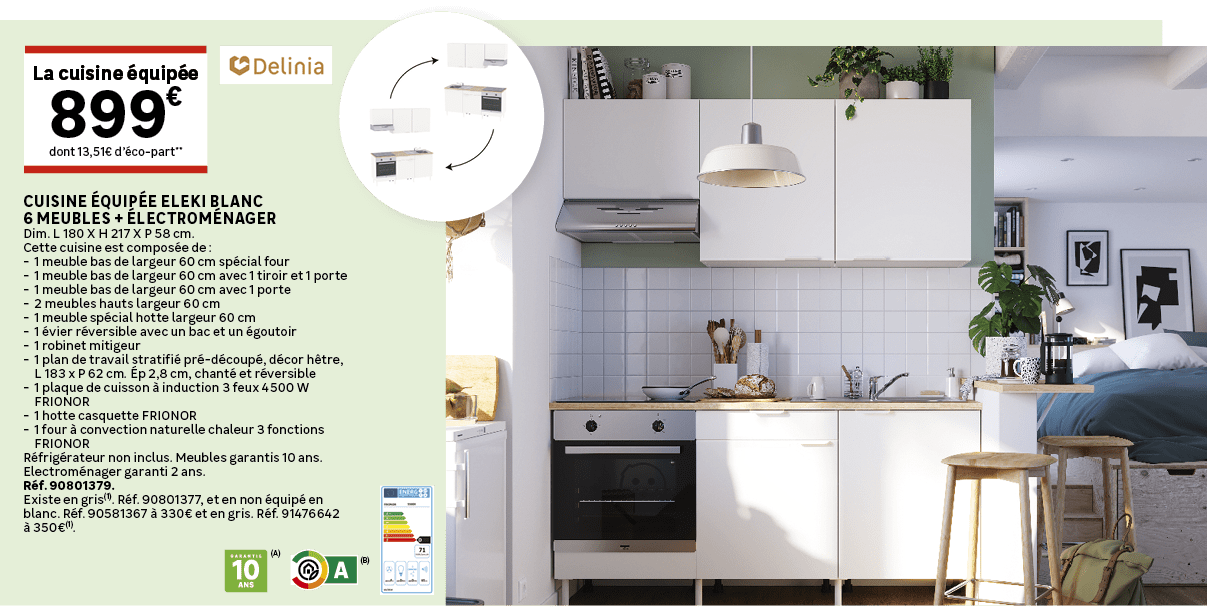 dont 13,51€ d’ co part**,La cuisine quip e,﻿﻿,Cuisine  quip e ELEKI blanc 6 meubles +  lectrom nager Dim. L 180 X H ...
