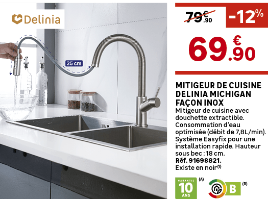 Mitigeur de cuisine DELINIA Michigan fa on inox Mitigeur de cuisine avec douchette extractible. Consommation d’eau op...