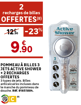 2 recharges de billes OFFERTES(8),Pommeau  billes 3 jets Active Shower + 2 recharges offertes 3 types de jets. Bille...
