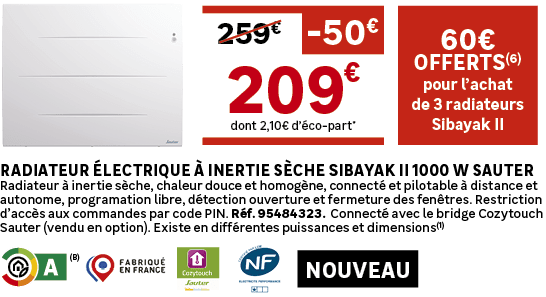 dont 2,10€ d’ co part*,60€ OFFERTS(6)pour l’achat de 3 radiateurs Sibayak II,259€, 50€,Radiateur lectrique   inertie...