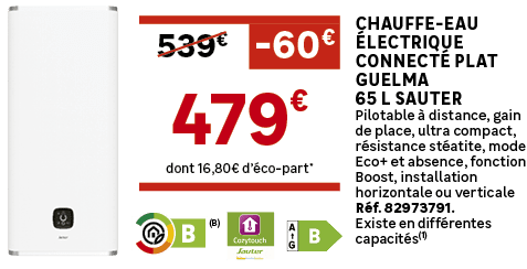 Chauffe eau lectrique connect  plat Guelma 65 L SAUTER Pilotable   distance, gain de place, ultra compact, r sistanc...