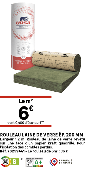 Rouleau laine de verre p. 200 mm Largeur 1,2 m. Rouleau de laine de verre rev tu sur une face d’un papier kraft quad...