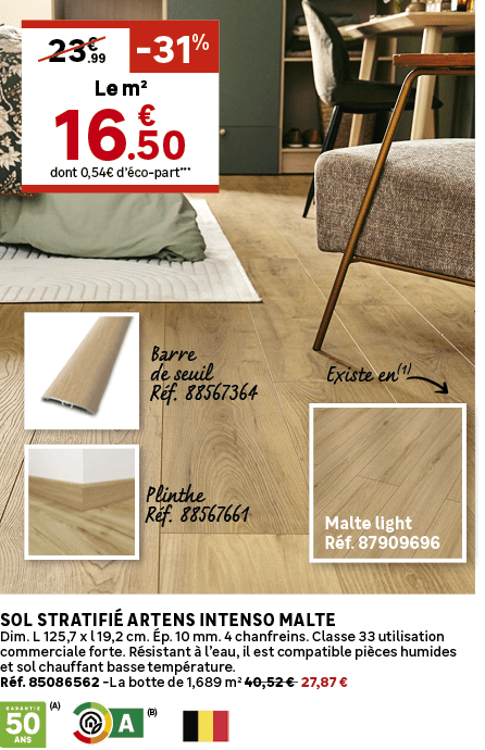 Plinthe R f. 88567661,Barre de seuil R f. 88567364,Malte light R f. 87909696,dont 0,54€ d’ co part***,.99,23€,Le m², ...