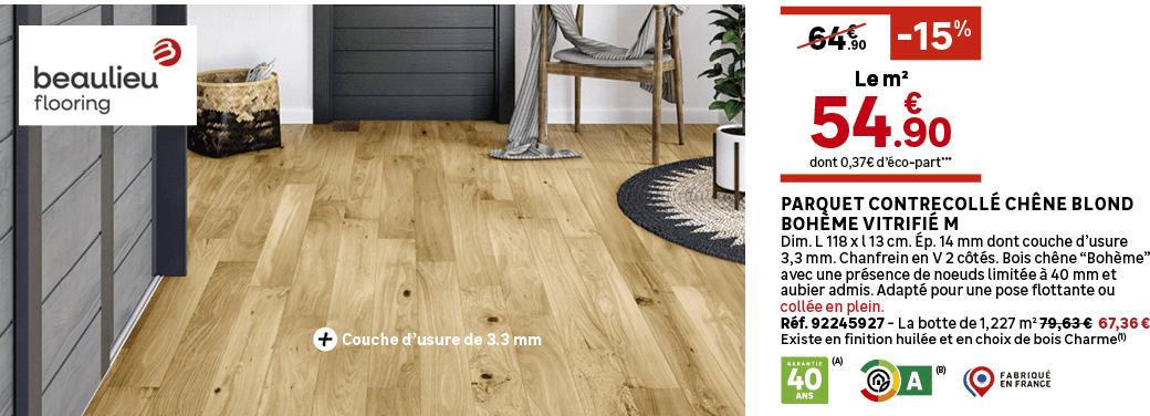 dont 0,37€ d’ co part***,.90,64€,Le m², 15%,Parquet contrecoll ch ne blond boh me vitrifi  M Dim. L 118 x l 13 cm.  ...