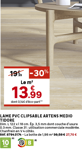 dont 0,14€ d’ co part***,Le m2, 30%,.99,19€,Lame PVC clipsable ARTENS Medio Tidore Dim. L 122 x l 18 cm. p. 3,5 mm d...
