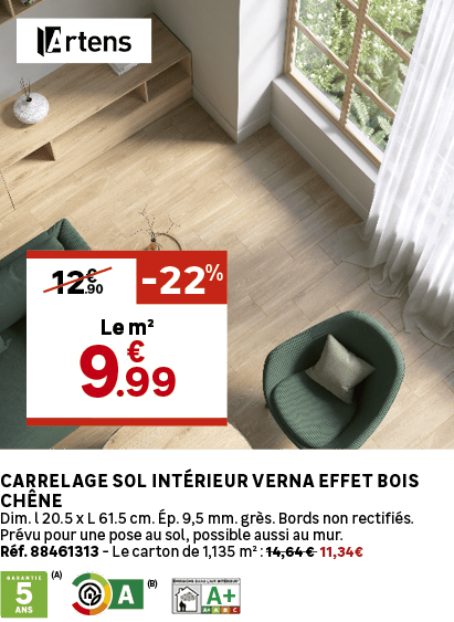 CARRELAGE SOL INT RIEUR VERNA EFFET BOIS CH NE Dim. l 20.5 x L 61.5 cm. p. 9,5 mm. gr s. Bords non rectifi s. Pr vu ...