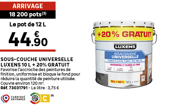 Sous couche universelle LUXENS 10 L + 20% gratuit Favorise l’accroche des peintures de finition, uniformise et bloque...
