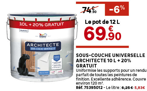 Sous couche universelle Architecte 10 L + 20% gratuit Uniformise les supports pour un rendu parfait de toutes les pei...