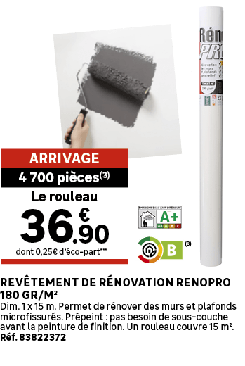dont 0,25€ d’ co part***,Le rouleau,4 700 pi ces(3),Arrivage,Rev tement de r novation Renopro 180 gr/m² Dim. 1 x 15 m...