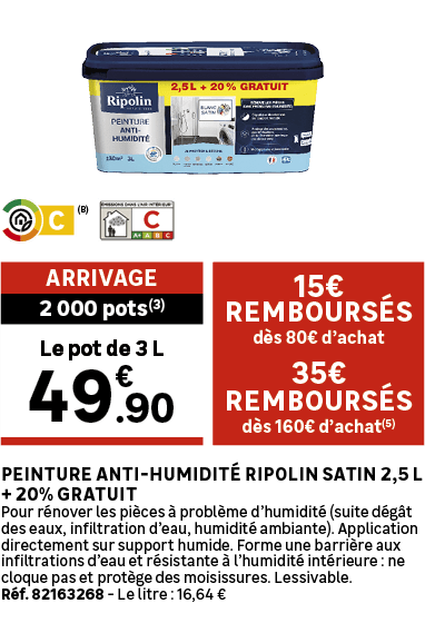 Peinture anti humidit RIPOLIN satin 2,5 L + 20% gratuit Pour r nover les pi ces   probl me d’humidit  (suite d g t d...
