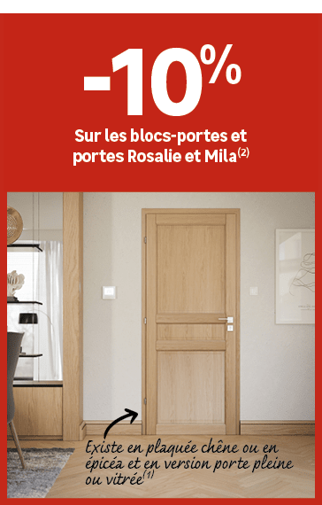 Existe en plaqu e ch ne ou en pic a et en version porte pleine ou vitr e(1), ﻿10﻿﻿%﻿ ﻿Sur les blocs portes et portes...
