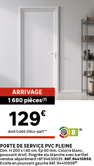 PORTE DE SERVICE PVC PLEINE Dim. H 200 x l 80 cm. p 60 mm. Coloris blanc, poussant droit. Poign e alu blanche avec b...