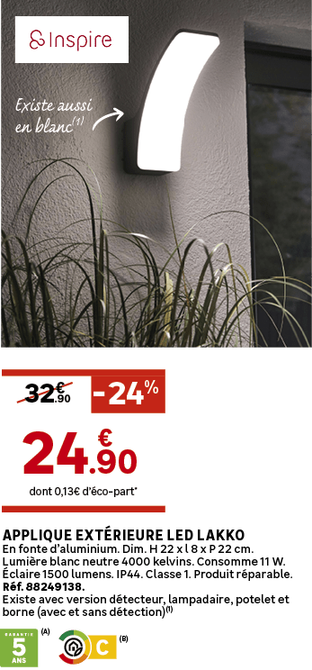 (A),dont 0,13€ d’ co part*,.90,32€, 24%,Applique ext rieure LED Lakko En fonte d’aluminium. Dim. H 22 x l 8 x P 22 cm...