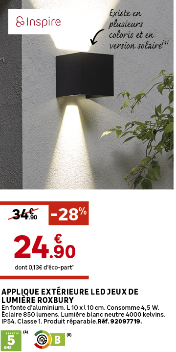 (A),dont 0,13€ d’ co part*,.90,34€, 28%,Applique ext rieure LED jeux de lumi re Roxbury En fonte d’aluminium. L 10 x ...