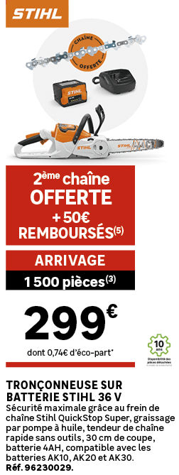2 me cha ne OFFERTE + 50€ REMBOURS S(5),dont 0,74€ d’ co part*,Tron onneuse sur batterie STIHL 36 V S curit maximale...