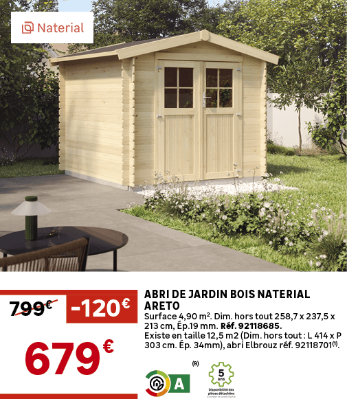 Abri de jardin bois NATERIAL Areto Surface 4,90 m2. Dim. hors tout 258,7 x 237,5 x 213 cm, p.19 mm. R f. 92118685. E...