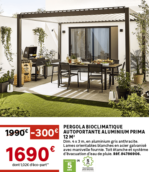 dont 1,02€ d’ co part**,1990€,Pergola bioclimatique autoportante aluminium Prima 12 m² Dim. 4 x 3 m, en aluminium gri...
