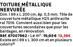Toiture m tallique nervur e Dim. l 89 x L 200 cm, p. 0,5 mm. T le de couverture m tallique H25 anthracite ral 7016. ...