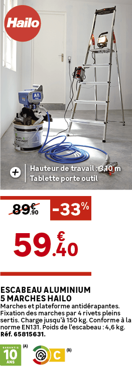 ,Escabeau aluminium 5 marches HAILO Marches et plateforme antid rapantes. Fixation des marches par 4 rivets pleins se...