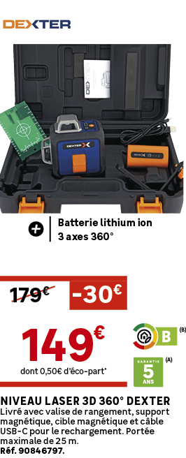 dont 0,50€ d’ co part*,179€,Niveau laser 3D 360° DEXTER Livr avec valise de rangement, support magn tique, cible mag...
