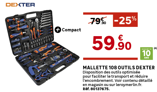 Mallette 108 outils DEXTER Disposition des outils optimis e pour faciliter le transport et r duire l’encombrement. Vo...