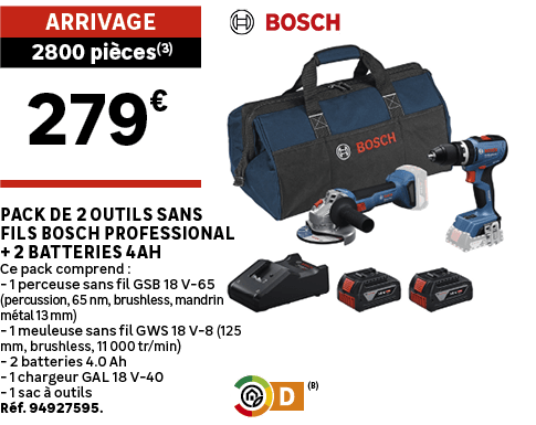 Pack de 2 outils sans fils BOSCH PROFESSIONAL + 2 batteries 4Ah Ce pack comprend : 1 perceuse sans fil GSB 18 V 65 (p...