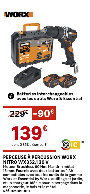 dont 0,85€ d’ co part*,229€, 90€,Perceuse  percussion WORX Nitro WX352.1 20 V Moteur Brushless 60 Nm. Mandrin m tal ...